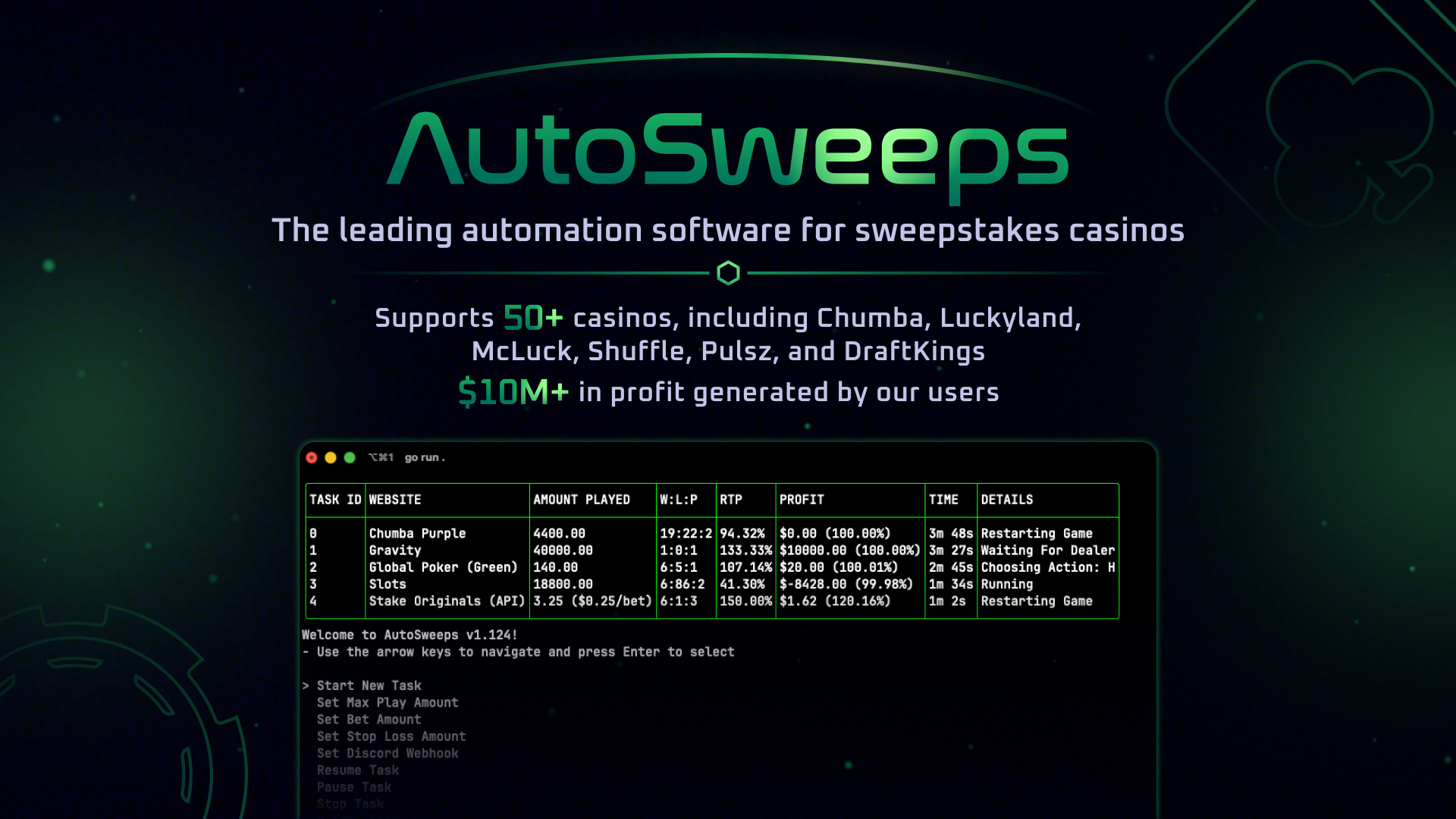AutoSweeps terminal dashboard